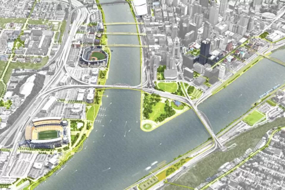 Rendering of Completing the Loop river plan for Pittsburgh, PA